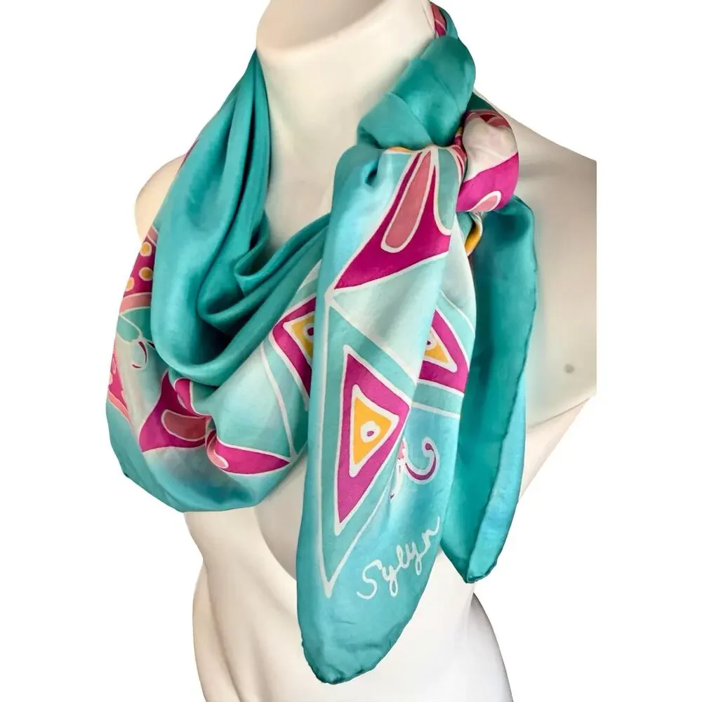 Vintage 1970s Hand Painted Sylyn Silk Scarf Turquoise Butterfly 35” Rolled Edges